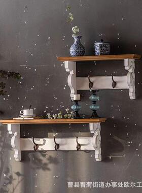 墙美乡村复古壁FQG置物架带挂钩实名木墙上式搁板架客厅宿装饰架