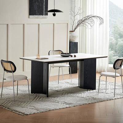 1现代简约德利丰纯白岩木板餐桌家用白蜡木实方长形中古风I95538