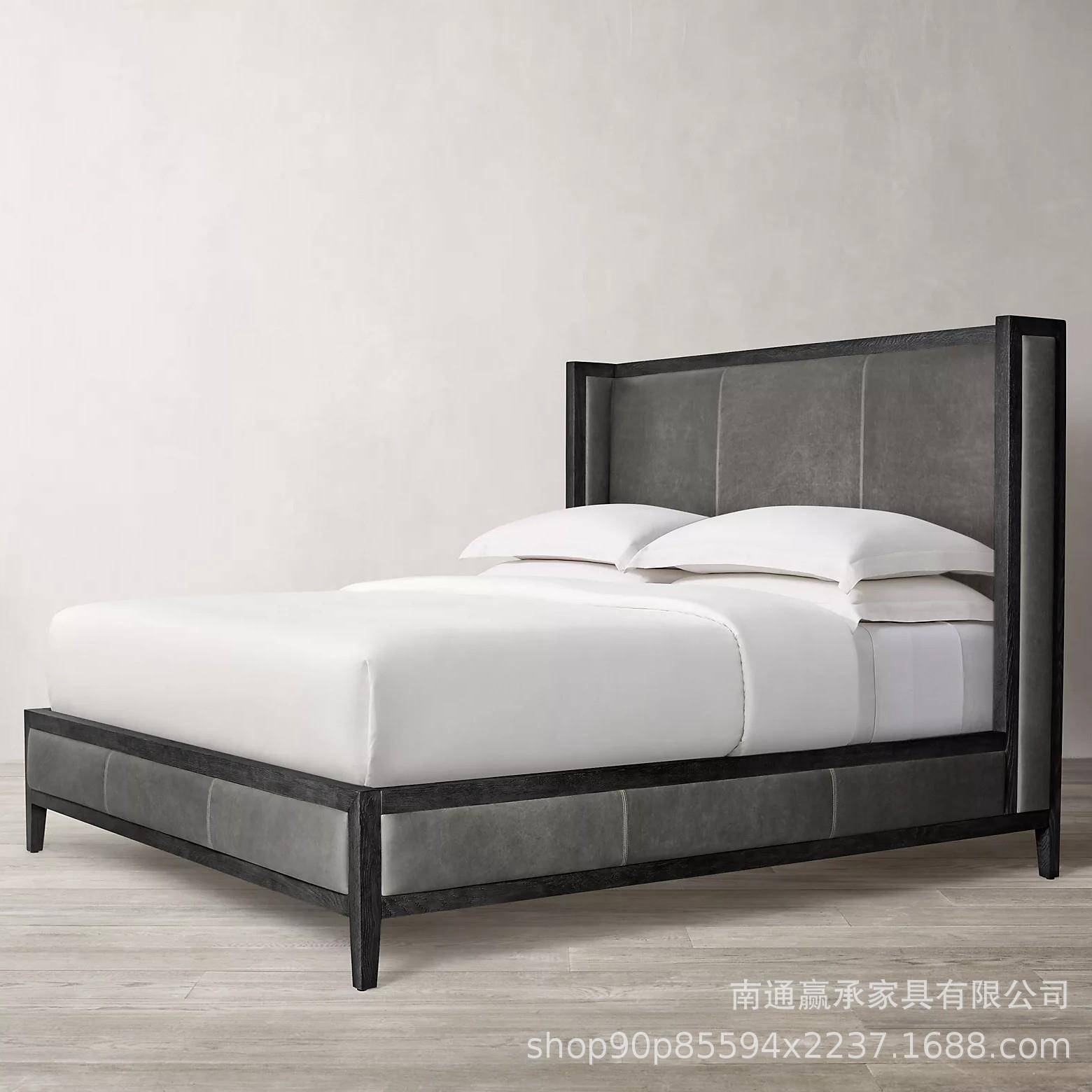 R乡H家具美式复古橡木架双框人54915床意式现代简约轻村奢布艺软