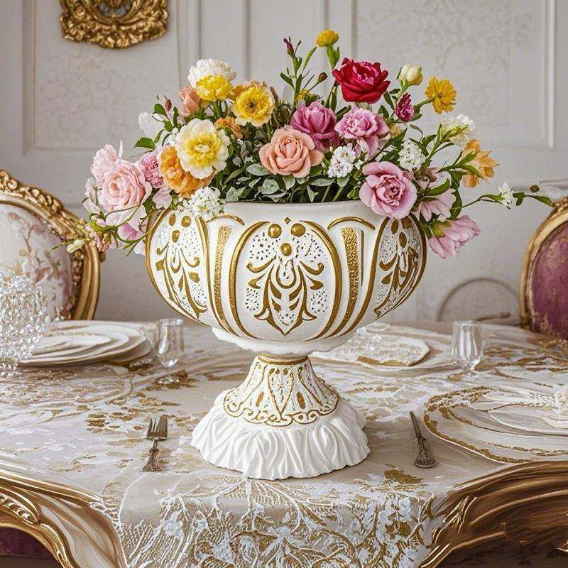 欧式复古铁艺高脚花盆酒店餐桌装饰高级感花瓶摆件金色浮雕插花器,纺织面料/辅料/配套,纺织机械配件,淘宝优惠券,粉丝福利购,淘宝优惠卷