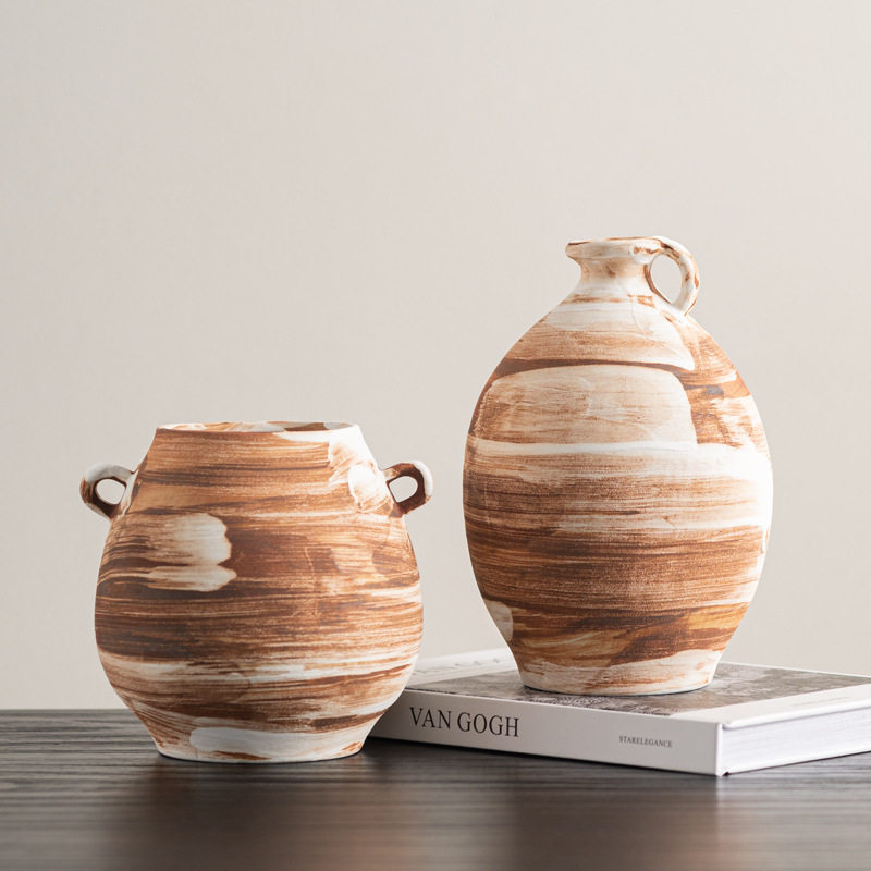 高级感设计师款陶瓷艺术花瓶茶室摆件客厅小口径装饰品做旧小陶罐