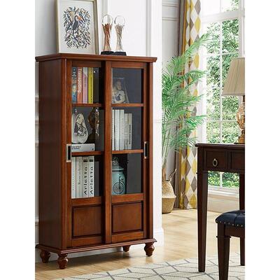 电?美式书柜带门书物架推拉门储物柜实木玻璃书橱门落地置柜1011