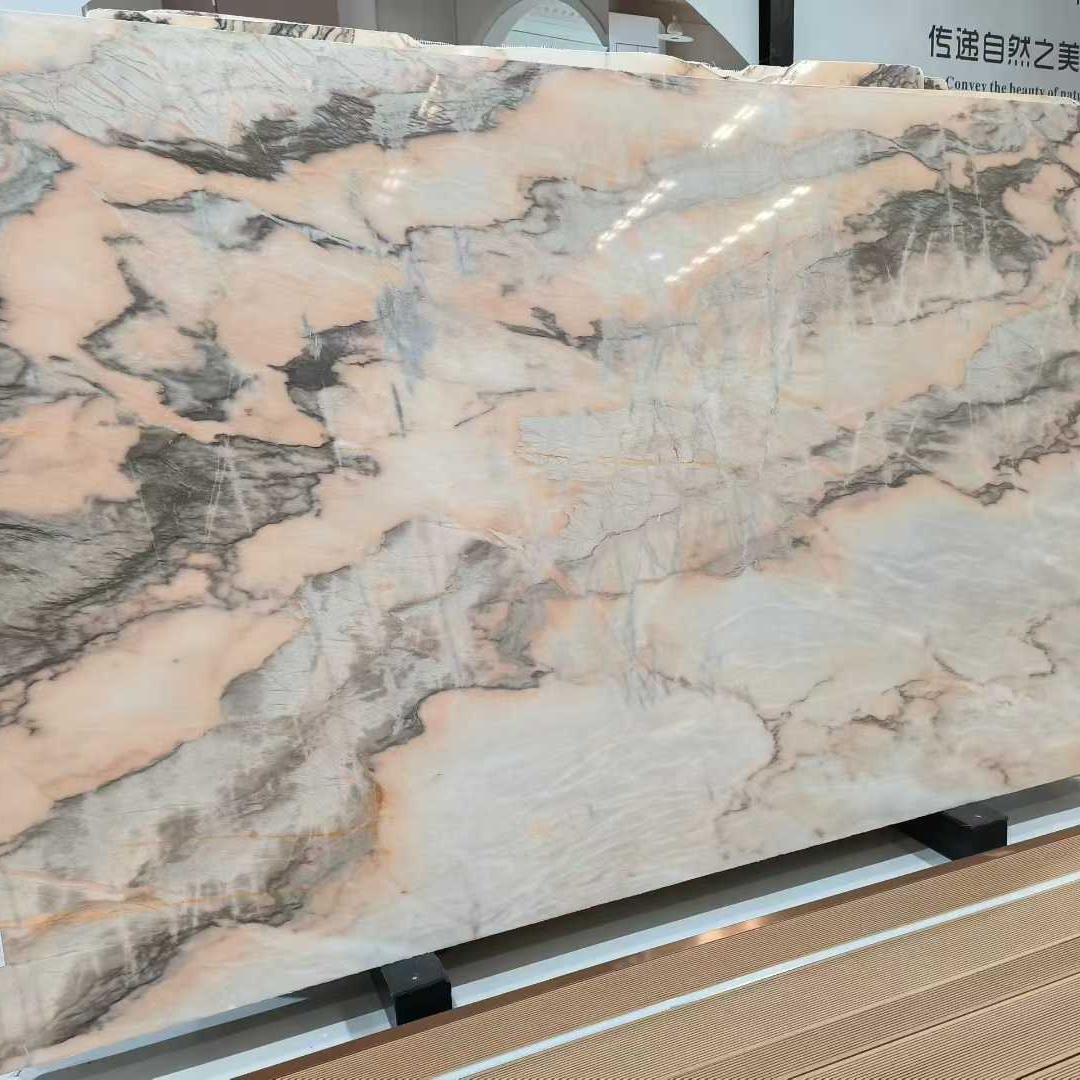 烟粉大理石桌面定制岛台餐桌