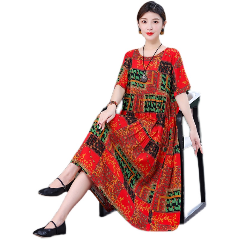 夏季薄款纯棉绸连衣裙女中长款大码宽松睡裙家居服中老年妈妈睡衣