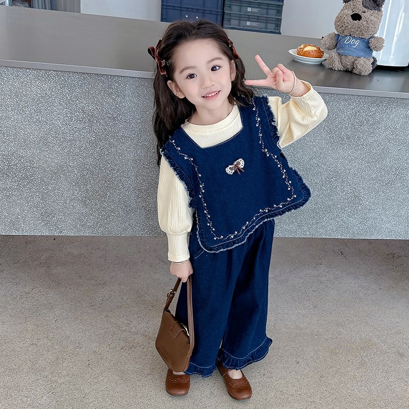 女童牛仔套装春秋款2024新款女宝宝衬衫马甲阔腿裤儿童秋装三件套
