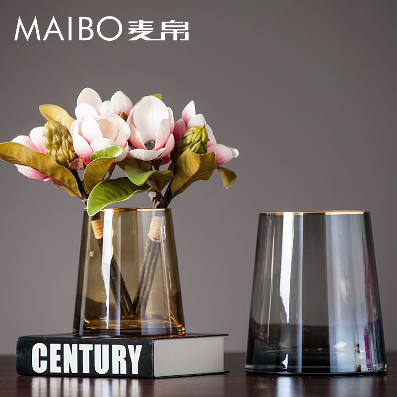 麦帛彩色直筒描金透明玻璃花瓶客厅桌面水培插花创意装饰摆件