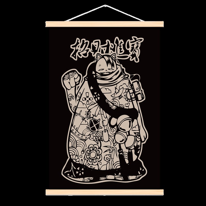 网红招财猫餐厅电表箱遮挡画日式客厅背景墙装饰画免打孔布艺挂画