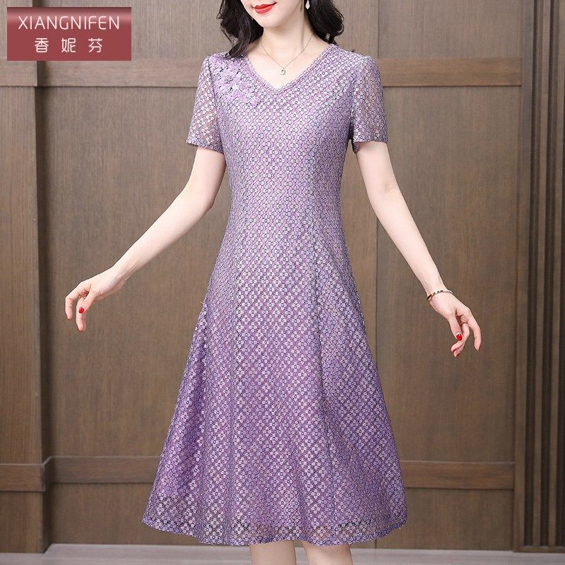 香妮芬紫色简单大方气质妈妈连衣裙女2025夏季新款显瘦V领大摆裙,女装/女士精品,连衣裙,淘宝优惠券,粉丝福利购,淘宝优惠卷