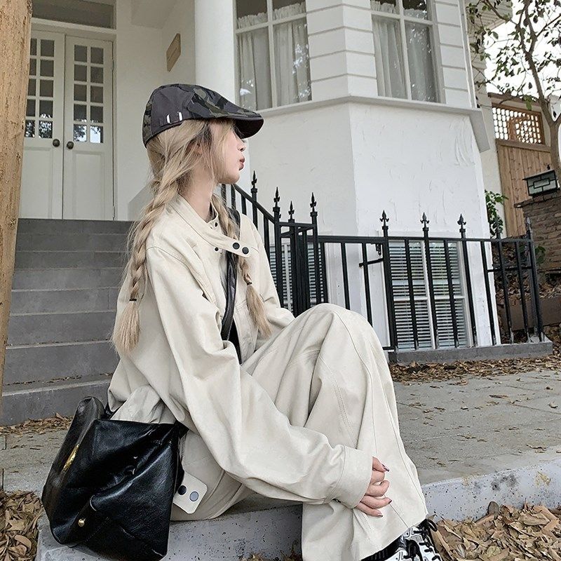 小个子高级感套装宽松夹克外套女秋季高腰工装阔腿裤甜酷两件套女