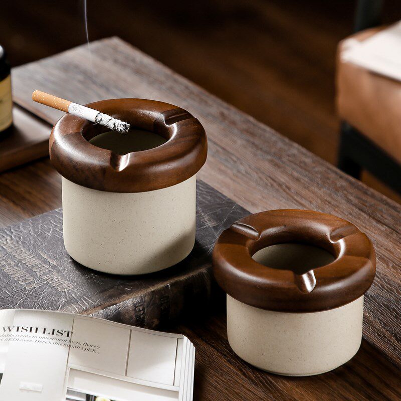 实木烟灰缸家用茶几陶瓷烟缸带盖防飞创意办公室复古粗陶灰缸摆件