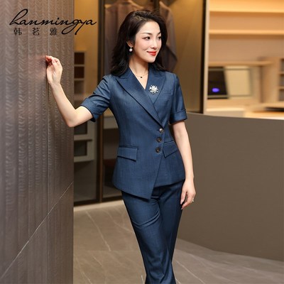 韩茗雅高端职业套装女夏气质卡其色西装套装裙酒店前台经理工作服