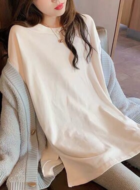 白色纯棉t恤女装宽松内搭卫衣打底衫大白体下摆神器长袖上衣秋冬