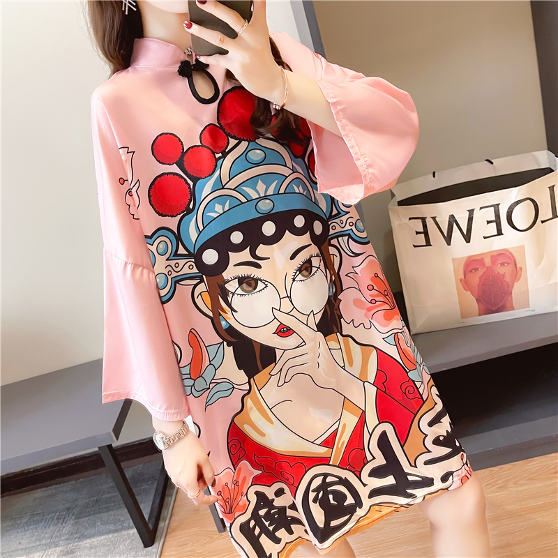 国潮风短袖连衣裙2022夏装新款改良旗袍胖mm大码遮肚显瘦洋气裙子