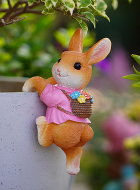 卡通兔子花盆挂件鱼缸边悬挂摆件花园庭院阳台攀爬花缸造景装饰品