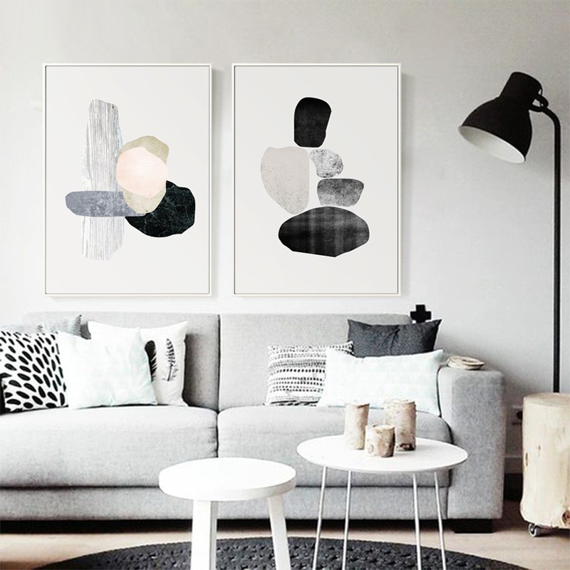 极简黑白灰抽象装饰画北欧风格沙发背景墙画几何色块日式客厅挂画