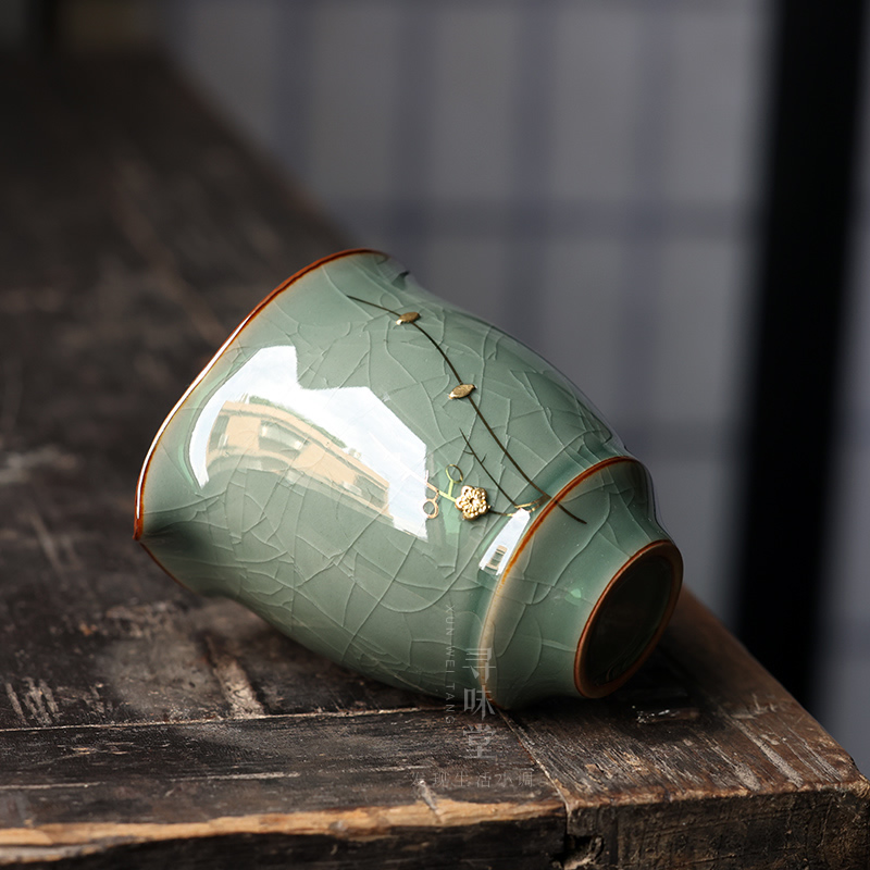 手工锔钉青瓷公道杯秘色瓷描金茶海高档冰裂釉陶瓷分茶杯茶具