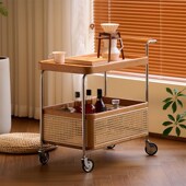 实木北欧边几侘寂风复古收纳小推车客厅沙发藤编置物柜可移动边柜