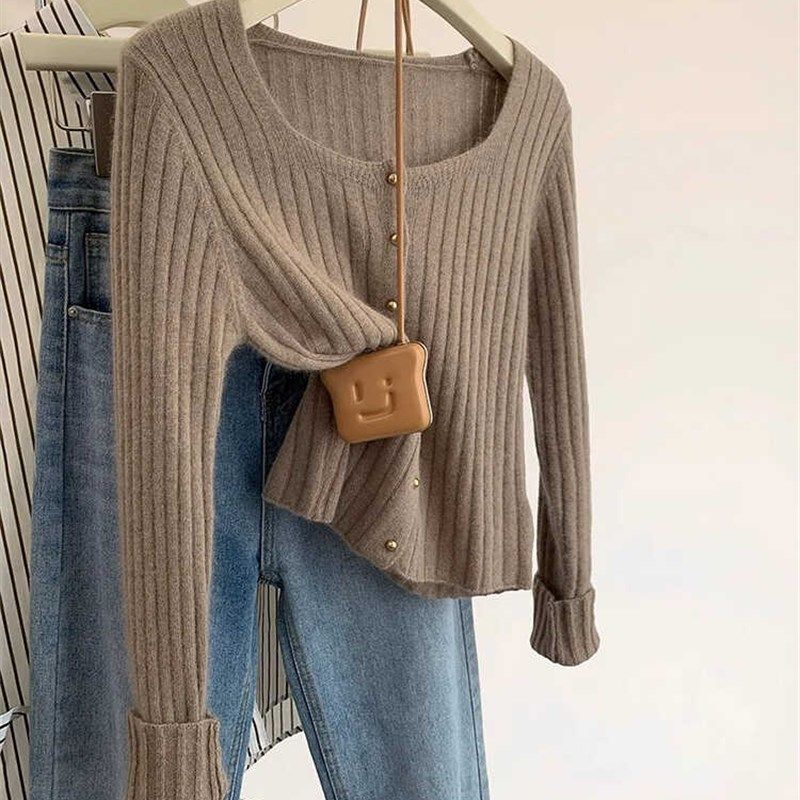 方领浣熊绒短款毛衣针织开衫女春秋秋冬2024新款外套修身内搭打底,女装/女士精品,毛针织衫,淘宝优惠券,粉丝福利购,淘宝优惠卷