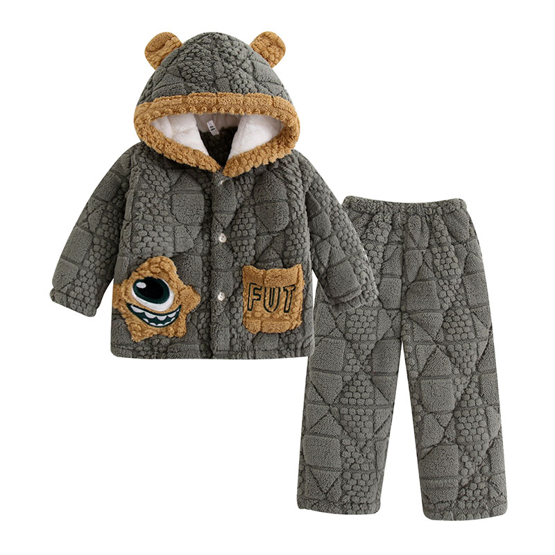 儿童睡衣男童冬季加厚加绒法兰绒男孩三层夹棉冬款戴帽耐脏家居服