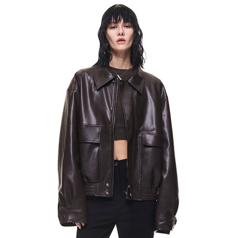 EMPTY PAGE咖啡色PU皮衣拉链宽松皮夹克女加厚街头百搭水洗皮外套