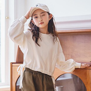 白色卫衣女童春秋装2024新款初中女学生宽松百搭简约短款圆领上衣