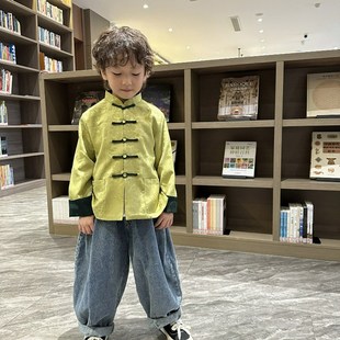 23新款新中式唐装男女童汉服清新时髦撞色宝宝上衣双层提花外套秋