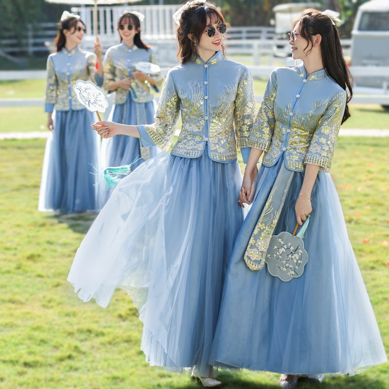 伴娘服中式2024秋冬新款秀禾显瘦蓝色伴娘裙姐妹团结婚礼服女旗袍