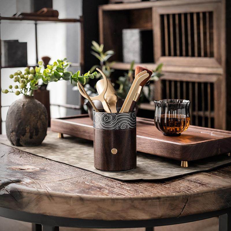 大岸壶堂茶道六子筒套装铜配件家用高档茶具摆件dat1113茶桶养笔