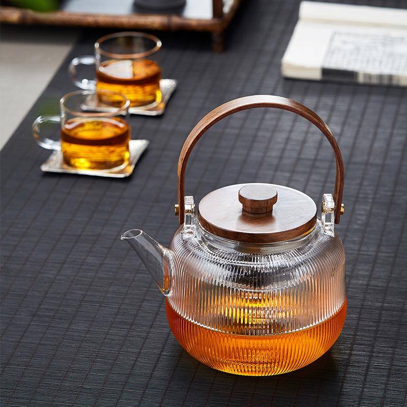 工耐热玻内胆胡桃木提梁泡手茶壶日式蒸煮双壶璃烧HY889018水电陶