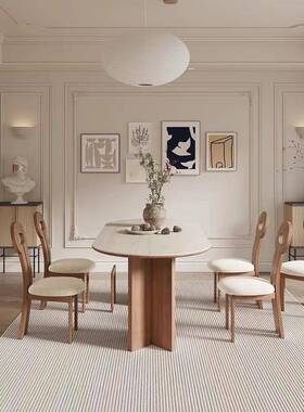 5V法式奶油风洞石岩板餐椅桌厅家用小户实型EQJ饭桌椭餐圆形木餐