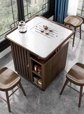 动新中式阳台茶桌户型车小茶小台家用实木岩板移带轮茶茶桌HVZ椅