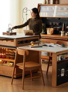 北美胡台桃木岛餐桌一体UIK多功能用小户型家餐实木可伸缩吧台岩