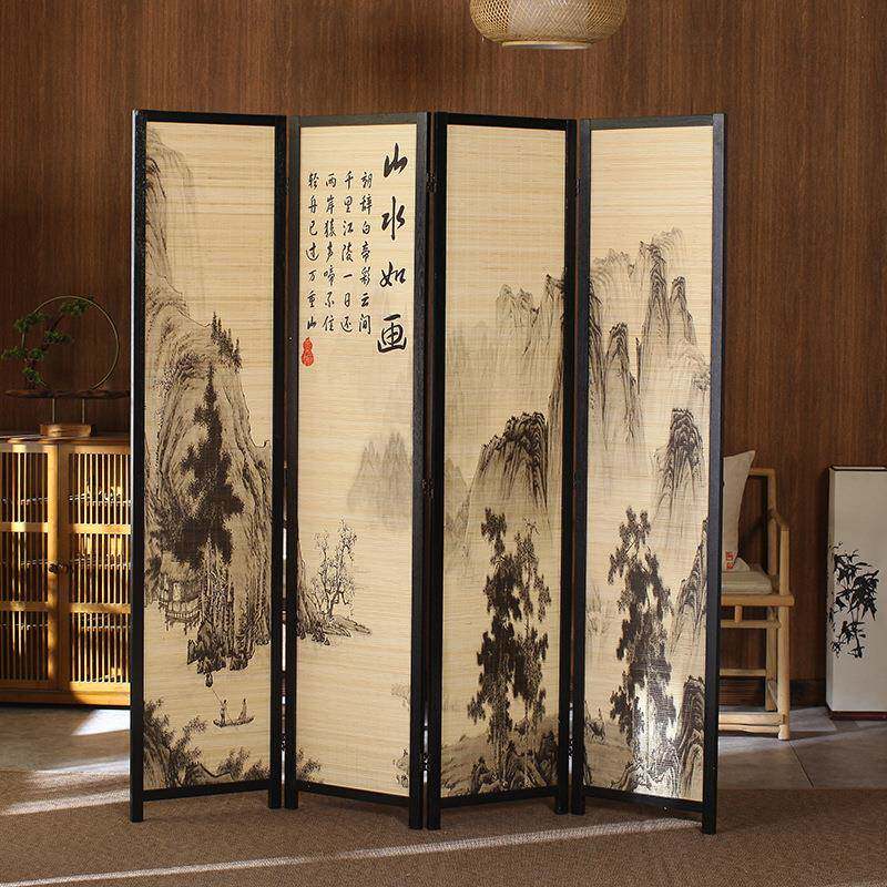 简约现代屏风隔断客厅玄关折叠移动简易办公移动屏风山水如画四屏