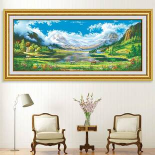 天山盛镜十字绣2024新款线绣客厅风景山水画大幅大气满绣刺绣手工