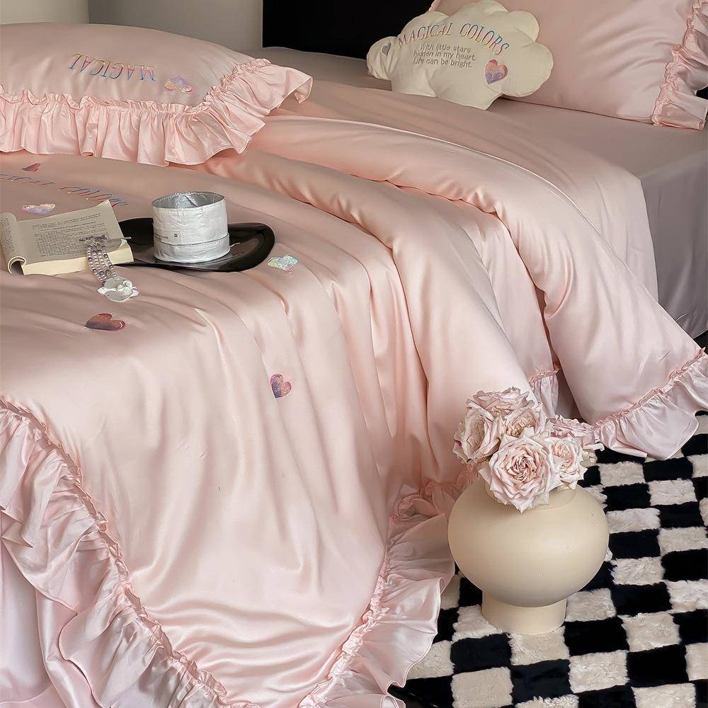 怦然心动夏季丝天棉四件套心刺绣凉感花边被套床550爱单.8m1床上