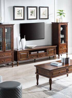 式茶实木美客厅茶桌家UHJ用复古长方形茶台欧小式储物几收纳抽屉