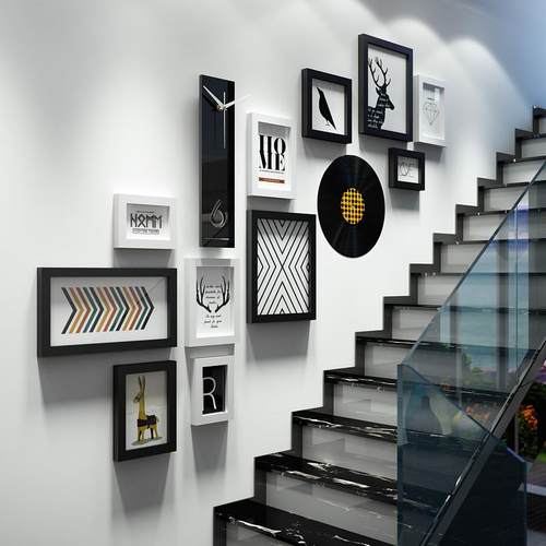 实木_6262_实木相框照片墙楼梯LOFT现代简约装饰画可换相片真钟表