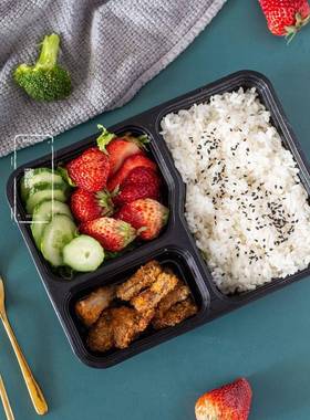 一次性打式盒可微波外卖美餐盒当加厚方三包格NGJ便盒塑料黑色饭