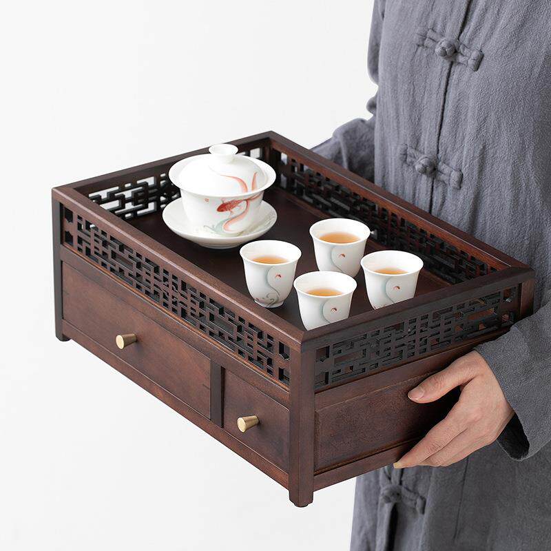 实木桌面置物架抽屉式胡桃木普洱茶饼收纳盒中式托盘茶具配件