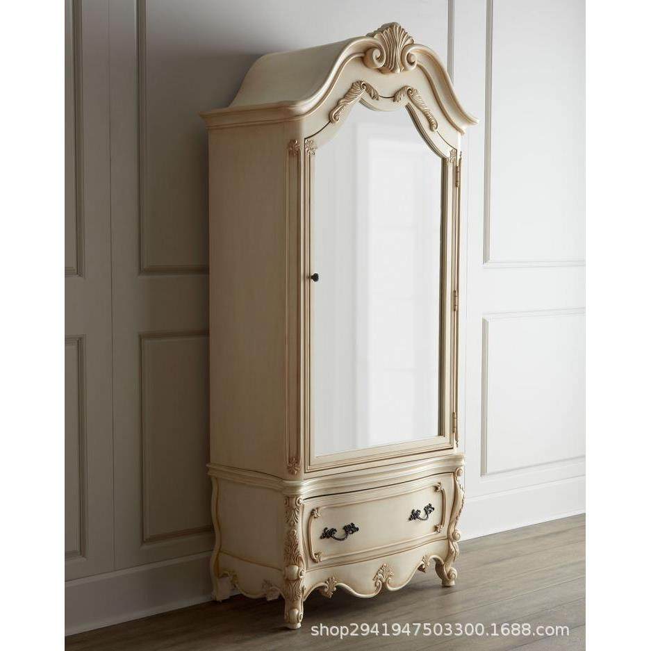 欧式新古典实木橡木雕花衣柜别墅复古做旧装饰柜卧室镜面单门衣橱