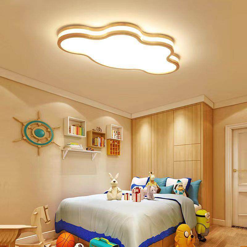 热销新款卧室创意云朵星星吸顶灯日式原木led儿童房间灯书房灯