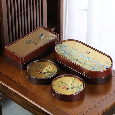 新中式电木手工雕刻彩绘茶盘家用电木干泡台轻奢沥水储水式托盘