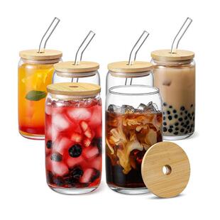 热销创意高硼硅梅森玻璃瓶竹木盖子带孔吸管饮料杯