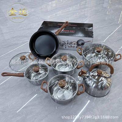 不锈钢12PCS套锅木纹手柄汤锅奶锅煎锅鸣音水壶组合套装