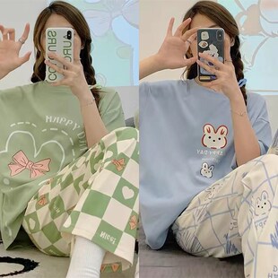 睡衣女夏纯棉短袖 两件套装 长裤 女士家居服薄款 春秋夏款 2024年新款