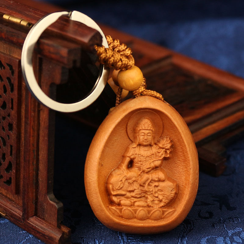 桃木钥匙扣普贤菩萨本命佛十二生肖属龙蛇守护神吊坠守护平安挂件