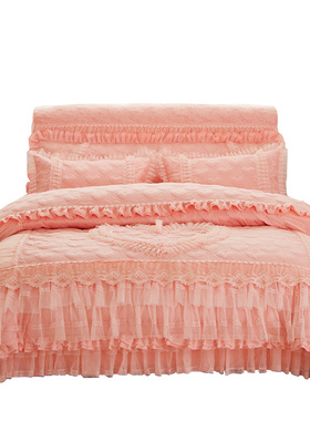 夹棉床裙款四件套加厚床罩被套婚庆公主风蕾丝边1.5米1.8床上用品