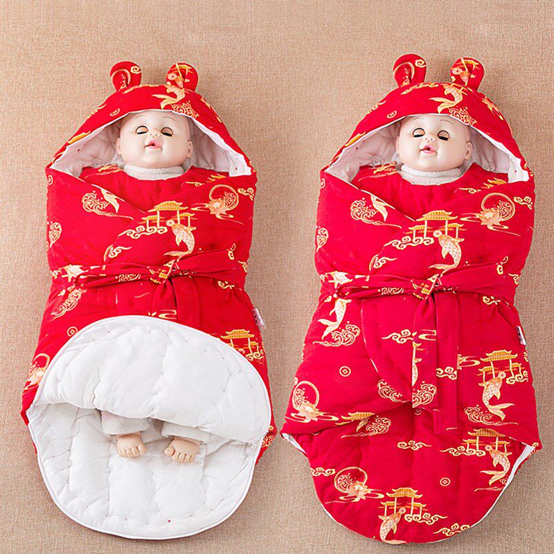 婴儿手工抱被秋冬季纯棉花宝宝睡袋红色襁褓新生儿蝴蝶包被防惊跳