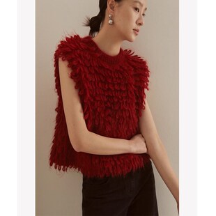马海毛车厘子红色羽毛针织无袖背心女春季洋气短款显瘦毛衣马甲厚