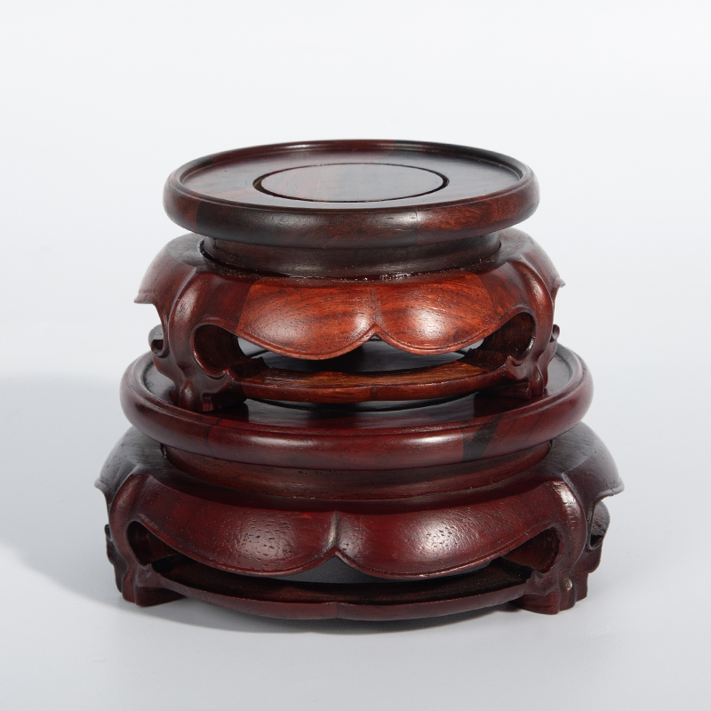 实木镂雕圆形工艺品摆件底座佛像古董花瓶红酸枝展示托架旋转底座